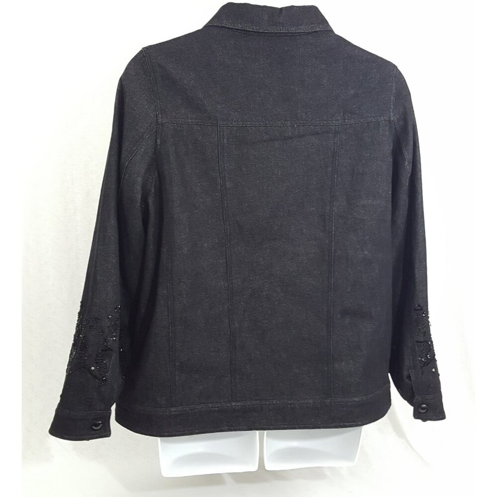 Dennis Basso Coat Denim Jean Jacket Blazer Women Large Black Beaded Sequin Bling - Picture 3 of 8